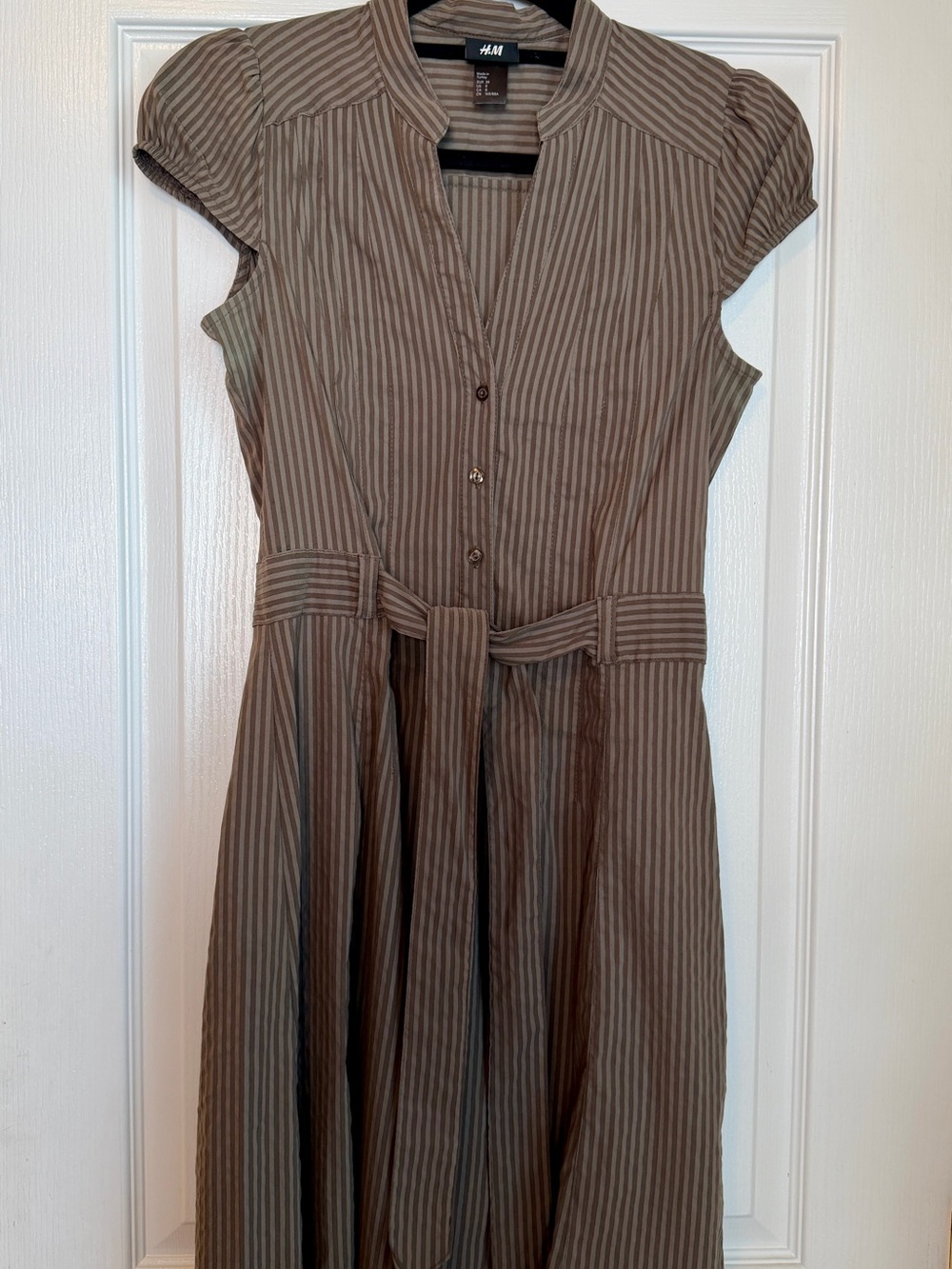 H&M Brown & Taupe Striped Midi Dress with Tie Waist